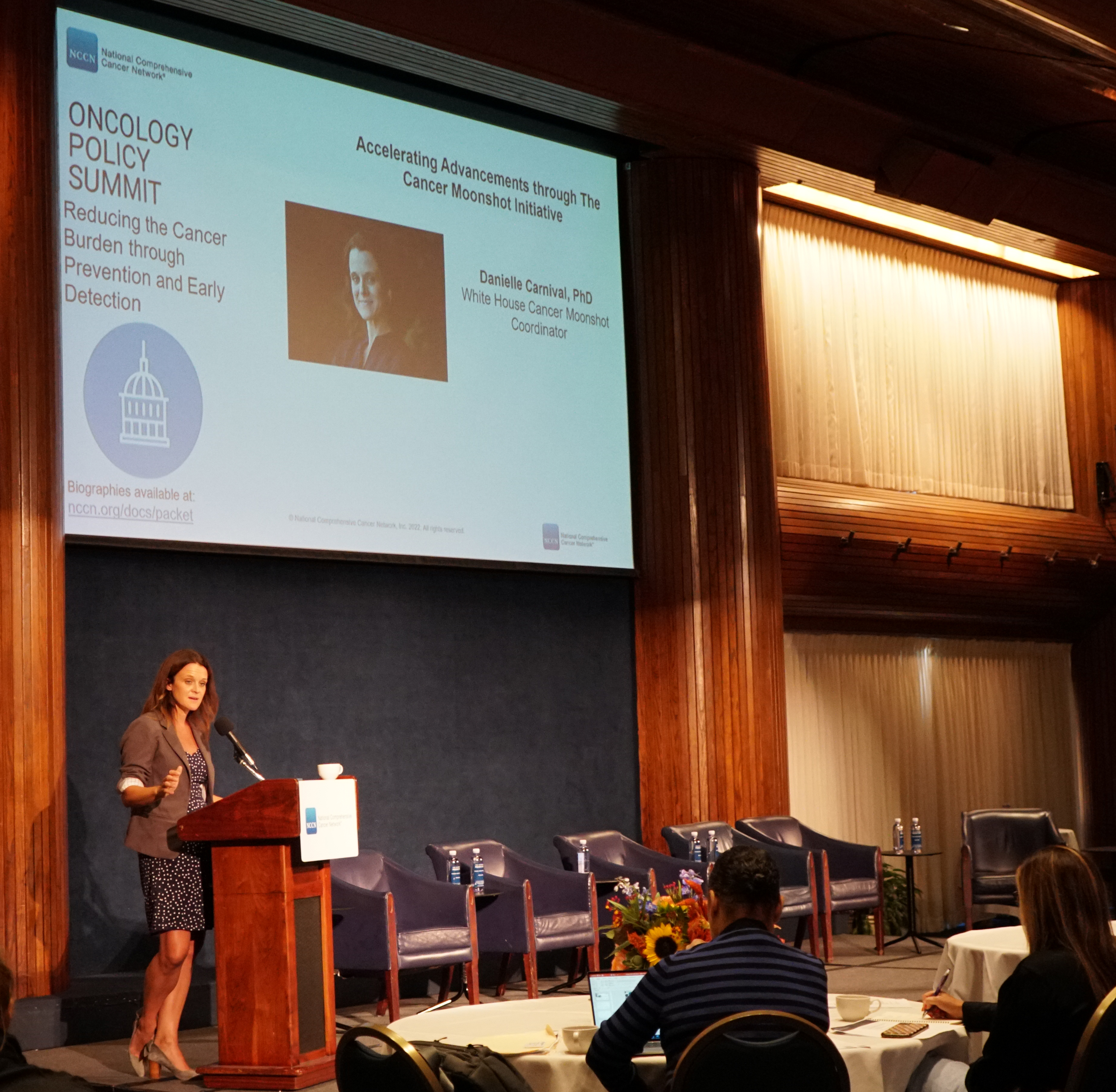 Dr. Danielle Carnival, White House Moonshot Coordinator, addresses the audience at the NCCN Policy Summit.