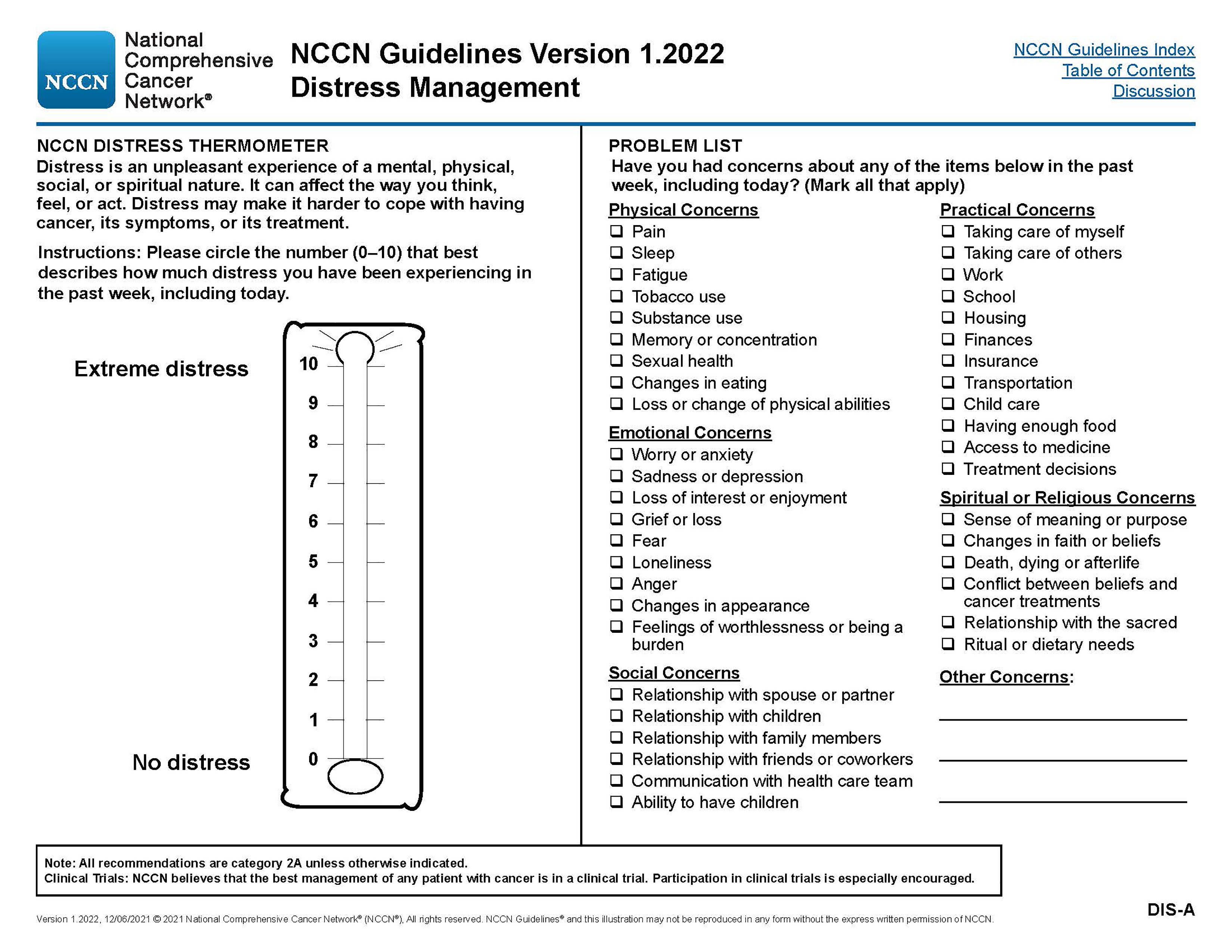NCCN Distress Thermometer and Problem List