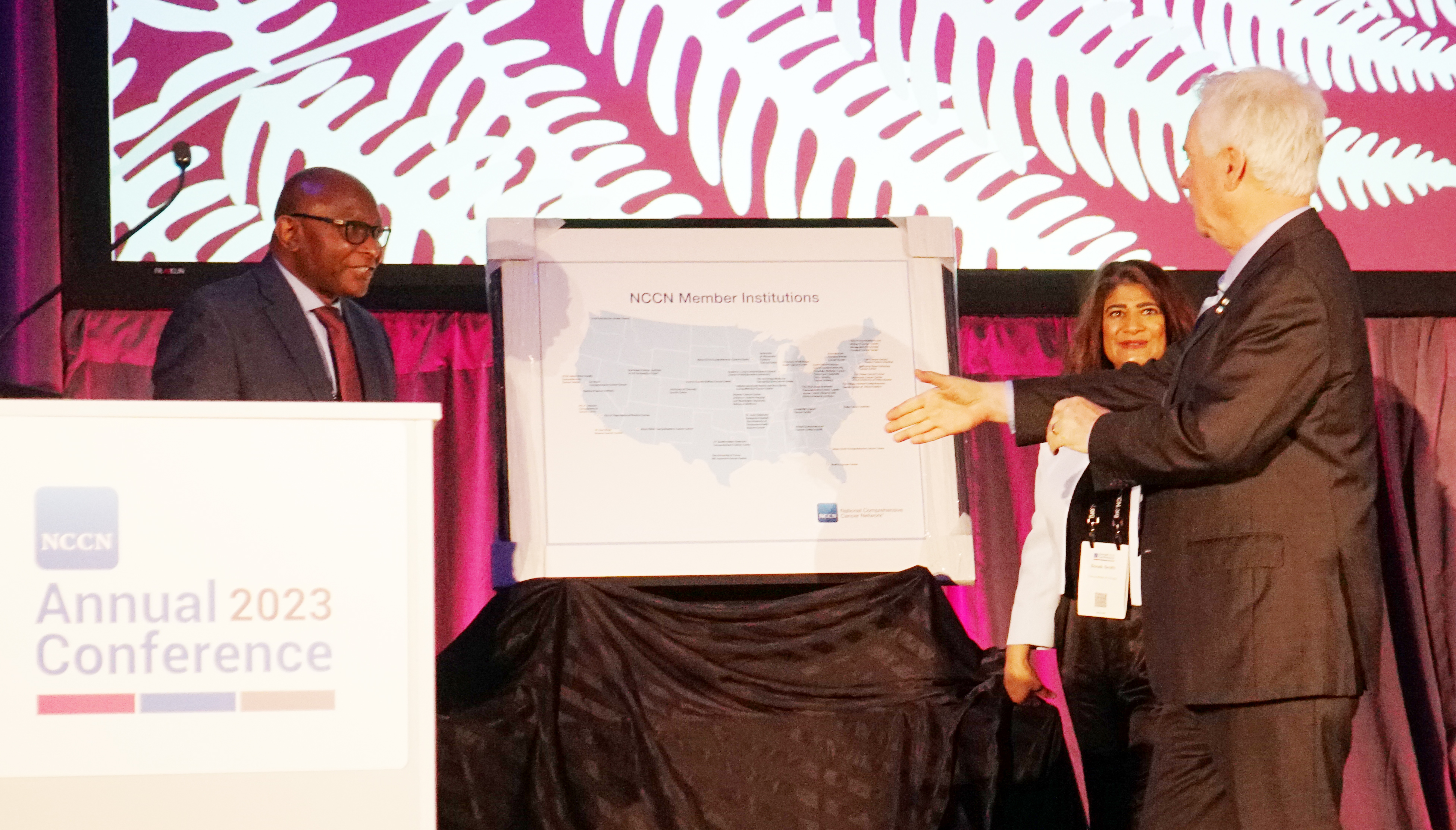Kunle Odunsi, MD, PhD, Director of the UChicago Medicine Comprehensive Cancer Center; Sonali M. Smith, MD, Chief, Section of Hematology/Oncology, UChicago Medicine; and Robert W. Carlson, MD, Chief Executive Officer, NCCN.